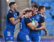 18 November 2022; Liam Turner of Leinster celebrates with teammates Andrew Smith and Charlie Tector after scoring his side's fifth try during the Bank of Ireland friendly match between Leinster and Chile at Energia Park in Dublin. Photo by Harry Murphy/Sportsfile