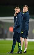 17 November 2022; Republic of Ireland athletic therapist Sam Rice, left, and STATSports analyst Andrew Morrissey before the International Friendly match between Republic of Ireland and Norway at the Aviva Stadium in Dublin. Photo by Seb Daly/Sportsfile