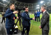 17 November 2022; Republic of Ireland manager Stephen Kenny, right, is interviewed by FAI communications manager Kieran Crowley, and videographer Matthew Turnbull before the International Friendly match between Republic of Ireland and Norway at the Aviva Stadium in Dublin. Photo by Seb Daly/Sportsfile
