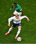17 November 2022; Marcus Holmgren Pedersen of Norway and Michael Obafemi of Republic of Ireland during the International Friendly match between Republic of Ireland and Norway at the Aviva Stadium in Dublin. Photo by Ben McShane/Sportsfile