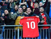 18 November 2022; Chile supporters display a Chile jersey after the Bank of Ireland friendly match between Leinster and Chile at Energia Park in Dublin. Photo by Tyler Miller/Sportsfile
