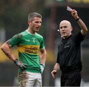 19 November 2022; Adrian McIntyre of Tourlestrane is shown a black card by referee Liam Devenney during the AIB Connacht GAA Football Senior Club Championship Semi-Final match between Tourlestrane and St Mary’s Kiltoghert at Avant Money Páirc Seán Mac Diarmada in Carrick-On-Shannon, Leitrim. Photo by Michael P Ryan/Sportsfile