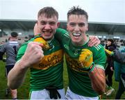 19 November 2022; Tourlestrane players Aidan Marren, left, and Feidhlim O'Donnell celebrate after their side's victory in the AIB Connacht GAA Football Senior Club Championship Semi-Final match between Tourlestrane and St Mary’s Kiltoghert at Avant Money Páirc Seán Mac Diarmada in Carrick-On-Shannon, Leitrim. Photo by Michael P Ryan/Sportsfile