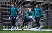 19 November 2022; Goalkeepers, from left, Mark Travers, Caoimhin Kelleher and Gavin Bazunu during a Republic of Ireland training session at the National Stadium training grounds in Ta' Qali, Malta. Photo by Seb Daly/Sportsfile