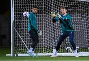 19 November 2022; Goalkeepers Mark Travers, right, and Gavin Bazunu during a Republic of Ireland training session at the National Stadium training grounds in Ta' Qali, Malta. Photo by Seb Daly/Sportsfile