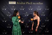 19 November 2022; Emer Ní Gallachóir, Donegal footballer and TG4 presenter, left, interviews Mo Nerney of Laois during the TG4 All-Ireland Ladies Football All Stars Awards banquet, in association with Lidl, at the Bonnington Dublin Hotel. Photo by Eóin Noonan/Sportsfile