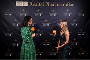 19 November 2022; Emer Ní Gallachóir, Donegal footballer and TG4 presenter, left, interviews Lisa Cafferky of Mayo during the TG4 All-Ireland Ladies Football All Stars Awards banquet, in association with Lidl, at the Bonnington Dublin Hotel. Photo by Eóin Noonan/Sportsfile