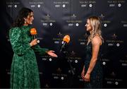 19 November 2022; Emer Ní Gallachóir, Donegal footballer and TG4 presenter, left, interviewing Lisa Cafferky of Mayo during the TG4 All-Ireland Ladies Football All Stars Awards banquet, in association with Lidl, at the Bonnington Dublin Hotel. Photo by Eóin Noonan/Sportsfile