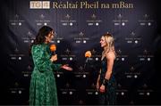 19 November 2022; Emer Ní Gallachóir, Donegal footballer and TG4 presenter, left, interviewing Lisa Cafferky of Mayo during the TG4 All-Ireland Ladies Football All Stars Awards banquet, in association with Lidl, at the Bonnington Dublin Hotel. Photo by Eóin Noonan/Sportsfile