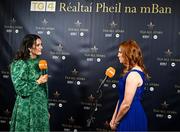 19 November 2022; Emer Ní Gallachóir, Donegal footballer and TG4 presenter, left, interviewing Louise Ní Mhuircheartaigh of Kerry during the TG4 All-Ireland Ladies Football All Stars Awards banquet, in association with Lidl, at the Bonnington Dublin Hotel. Photo by Eóin Noonan/Sportsfile