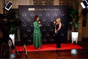 19 November 2022; Emer Ní Gallachóir, Donegal footballer and TG4 presenter, left, interviewing Niamh McLaughlin of Donegal during the TG4 All-Ireland Ladies Football All Stars Awards banquet, in association with Lidl, at the Bonnington Dublin Hotel. Photo by Eóin Noonan/Sportsfile