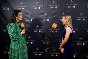 19 November 2022; Emer Ní Gallachóir, Donegal footballer and TG4 presenter, left, interviewing Niamh McLaughlin of Donegal during the TG4 All-Ireland Ladies Football All Stars Awards banquet, in association with Lidl, at the Bonnington Dublin Hotel. Photo by Eóin Noonan/Sportsfile