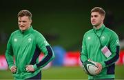 19 November 2022; Jack Crowley, right, and Josh van der Flier of Ireland before the Bank of Ireland Nations Series match between Ireland and Australia at the Aviva Stadium in Dublin. Photo by Ramsey Cardy/Sportsfile