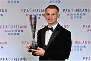 19 November 2022; Andy Lyons of Shamrock Rovers with his PFA Ireland Young Player of the Year Award during the PFA Ireland Awards 2022 at the Marker Hotel in Dublin. Photo by Sam Barnes/Sportsfile