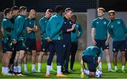 19 November 2022; Manager Stephen Kenny talks to his players during a Republic of Ireland training session at the National Stadium training grounds in Ta' Qali, Malta. Photo by Seb Daly/Sportsfile