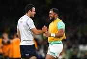 19 November 2022; Bundee Aki of Ireland shakes hands with Referee Ben O'Keeffe before the Bank of Ireland Nations Series match between Ireland and Australia at the Aviva Stadium in Dublin. Photo by Harry Murphy/Sportsfile