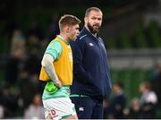 19 November 2022; Ireland head coach Andy Farrell and Jack Crowley of Ireland before the Bank of Ireland Nations Series match between Ireland and Australia at the Aviva Stadium in Dublin. Photo by Harry Murphy/Sportsfile