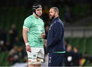 19 November 2022; Ireland head coach Andy Farrell speaks with James Ryan of Ireland before the Bank of Ireland Nations Series match between Ireland and Australia at the Aviva Stadium in Dublin. Photo by Harry Murphy/Sportsfile