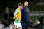 19 November 2022; Ireland head coach Andy Farrell with Jack Crowley of Ireland during the Bank of Ireland Nations Series match between Ireland and Australia at the Aviva Stadium in Dublin. Photo by Harry Murphy/Sportsfile