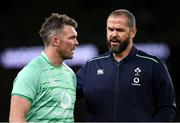 19 November 2022; Ireland head coach Andy Farrell speaks with Peter O’Mahony of Ireland before the the Bank of Ireland Nations Series match between Ireland and Australia at the Aviva Stadium in Dublin. Photo by Harry Murphy/Sportsfile
