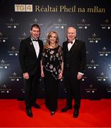 19 November 2022; LGFA chief executive officer Helen O'Rourke with President of the LGFA Mícheál Naughton, left, and Ard Stiúrthóir TG4 Alan Esslemont during the TG4 All-Ireland Ladies Football All Stars Awards banquet, in association with Lidl, at the Bonnington Dublin Hotel. Photo by Eóin Noonan/Sportsfile