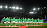 19 November 2022; The Ireland team during the anthems before the Bank of Ireland Nations Series match between Ireland and Australia at the Aviva Stadium in Dublin. Photo by Ramsey Cardy/Sportsfile