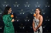 19 November 2022; Emer Ní Gallachóir, Donegal footballer and TG4 presenter, left, interviewing Emma Duggan of Meath during the TG4 All-Ireland Ladies Football All Stars Awards banquet, in association with Lidl, at the Bonnington Dublin Hotel. Photo by Eóin Noonan/Sportsfile