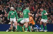 19 November 2022; Ireland players, from left, Mack Hansen, Dan Sheehan, 2, and Tadhg Furlong celebrate a turnover during the Bank of Ireland Nations Series match between Ireland and Australia at the Aviva Stadium in Dublin. Photo by David Fitzgerald/Sportsfile