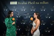 19 November 2022; Emer Ní Gallachóir, Donegal footballer and TG4 presenter, left, interviewing Emma Duggan of Meath during the TG4 All-Ireland Ladies Football All Stars Awards banquet, in association with Lidl, at the Bonnington Dublin Hotel. Photo by Eóin Noonan/Sportsfile