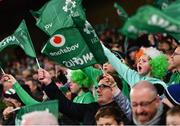 19 November 2022; Ireland supporters celebrate during the Bank of Ireland Nations Series match between Ireland and Australia at the Aviva Stadium in Dublin. Photo by David Fitzgerald/Sportsfile