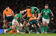 19 November 2022; Dan Sheehan of Ireland is lifted Mark Nawaqanitawase of Australia as he attempts to tackle Nic White during the Bank of Ireland Nations Series match between Ireland and Australia at the Aviva Stadium in Dublin. Photo by Harry Murphy/Sportsfile