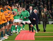 19 November 2022; Peter O’Mahony of Ireland hops over the red carpet, as President of Ireland Michael D Higgins returns to the stands during the Bank of Ireland Nations Series match between Ireland and Australia at the Aviva Stadium in Dublin. Photo by Harry Murphy/Sportsfile