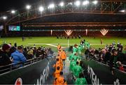 19 November 2022; Players from both sides run out before the Bank of Ireland Nations Series match between Ireland and Australia at the Aviva Stadium in Dublin. Photo by David Fitzgerald/Sportsfile