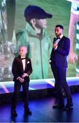 19 November 2022; Roberto Lopes of Shamrock Rovers, right, and Josh Bradley, son of Shamrock Rovers manager Stephen Bradley, speaking during the PFA Ireland Awards 2022 at the Marker Hotel in Dublin. Photo by Sam Barnes/Sportsfile