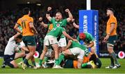 19 November 2022; Finlay Bealham of Ireland celebrate his side's first try, scored by teammate Bundee Aki, hidden, during the Bank of Ireland Nations Series match between Ireland and Australia at the Aviva Stadium in Dublin. Photo by David Fitzgerald/Sportsfile