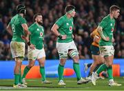 19 November 2022; Ireland players, from left, Caelan Doris, 8, Andrew Porter, Joe McCarthy and Jack Crowley react after their side conceded a first try during the Bank of Ireland Nations Series match between Ireland and Australia at the Aviva Stadium in Dublin. Photo by Ramsey Cardy/Sportsfile