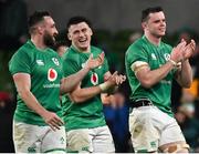 19 November 2022; Ireland players, from left, Jack Conan, Dan Sheehan and James Ryan after their side's victory in the Bank of Ireland Nations Series match between Ireland and Australia at the Aviva Stadium in Dublin. Photo by Harry Murphy/Sportsfile