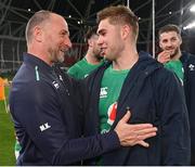 19 November 2022; Ireland assistant coach Mike Catt and Jack Crowley after their side's victory in the Bank of Ireland Nations Series match between Ireland and Australia at the Aviva Stadium in Dublin. Photo by Ramsey Cardy/Sportsfile