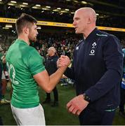 19 November 2022; Ross Byrne of Ireland and forwards coach Paul O'Connell after their side's victory in the Bank of Ireland Nations Series match between Ireland and Australia at the Aviva Stadium in Dublin. Photo by Ramsey Cardy/Sportsfile