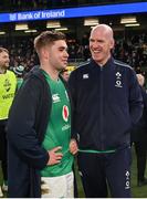 19 November 2022; Jack Crowley of Ireland and forwards coach Paul O'Connell after their side's victory in the Bank of Ireland Nations Series match between Ireland and Australia at the Aviva Stadium in Dublin. Photo by Ramsey Cardy/Sportsfile