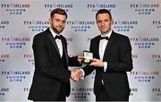 19 November 2022; Will Patching of Derry City is presented with his PFA Ireland Premier Division Team of the Year medal by PFA Ireland Chairperson Brendan Clarke during the PFA Ireland Awards 2022 at the Marker Hotel in Dublin. Photo by Sam Barnes/Sportsfile