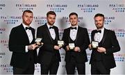 19 November 2022; Derry City players, from left, Mark Connolly, Will Patching, Brian Maher and Cameron Dummigan with their PFA Ireland Premier Division Team of the Year medals during the PFA Ireland Awards 2022 at the Marker Hotel in Dublin. Photo by Sam Barnes/Sportsfile