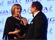 19 November 2022; LGFA Hall of Fame award winner Brenda McAnespie of Monaghan is interviewed by MC Marty Morrissey during the TG4 All-Ireland Ladies Football All Stars Awards banquet, in association with Lidl, at the Bonnington Dublin Hotel. Photo by Eóin Noonan/Sportsfile