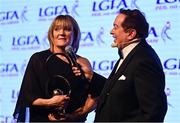 19 November 2022; LGFA Hall of Fame award winner Brenda McAnespie of Monaghan is interviewed by MC Marty Morrissey during the TG4 All-Ireland Ladies Football All Stars Awards banquet, in association with Lidl, at the Bonnington Dublin Hotel. Photo by Eóin Noonan/Sportsfile