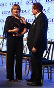 19 November 2022; LGFA Hall of Fame award winner Brenda McAnespie of Monaghan is interviewed by MC Marty Morrissey during the TG4 All-Ireland Ladies Football All Stars Awards banquet, in association with Lidl, at the Bonnington Dublin Hotel. Photo by Eóin Noonan/Sportsfile