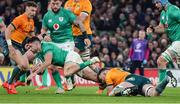 19 November 2022; Hugo Keenan of Ireland is tackled by Jed Holloway of Australia during the Bank of Ireland Nations Series match between Ireland and Australia at the Aviva Stadium in Dublin. Photo by John Dickson/Sportsfile