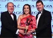 19 November 2022; Aishling O’Connell of Kerry is presented with her TG4 LGFA All Star award by Ard Stiúrthóir TG4 Alan Esslemont, left, and President of the LGFA Mícheál Naughton during the TG4 All-Ireland Ladies Football All Stars Awards banquet, in association with Lidl, at the Bonnington Dublin Hotel. Photo by Eóin Noonan/Sportsfile