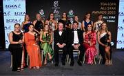 19 November 2022; Ard Stiúrthóir TG4 Alan Esslemont, left, and President of the LGFA Mícheál Naughton with award winners; front row, from left, Monica McGuirk of Meath, Shauna Ennis of Meath, Danielle Caldwell of Mayo, Aishling O’Connell of Kerry and Aoibhín Cleary of Meath. Back row, from left, Niamh McLaughlin of Donegal, Niamh Carmody of Kerry, Emma Duggan of Meath, Aimee Mackin of Armagh, Stacey Grimes of Meath, Louise Ní Mhuircheartaigh of Kerry and Cáit Lynch of Kerry during the TG4 All-Ireland Ladies Football All Stars Awards banquet, in association with Lidl, at the Bonnington Dublin Hotel. Photo by Eóin Noonan/Sportsfile