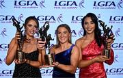 19 November 2022; TG4 Intermediate Players Player of the Year Mo Nerney of Laois, left, TG4 Senior Players Player of the Year Niamh McLaughlin of Donegal, centre, and TG4 Junior Players Player of the Year Bláithín Bogue of Fermanagh during the TG4 All-Ireland Ladies Football All Stars Awards banquet, in association with Lidl, at the Bonnington Dublin Hotel. Photo by Eóin Noonan/Sportsfile