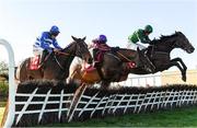 20 November 2022; Nusret, right, with Daryl Jacob up, jump the last on their way to winning The John Lynch Carpets 3 Year Old Hurdle from second place, Morning Soldier, with Danny Mullins up, centre, and third place Calico, with Jack Kennedy up, during day two of the Punchestown Festival at Punchestown Racecourse in Kildare. Photo by Matt Browne/Sportsfile